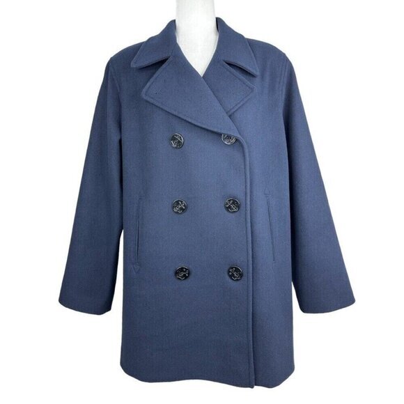 J Percy Women’s Blue Merino Wool Vintage 90s Double Breasted Pea Coat‎ 14/C47 - Picture 1 of 13